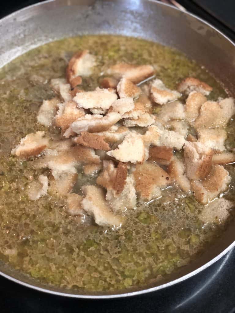 bread cubes in oyster mixture