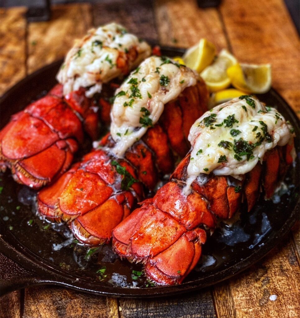 Three broiled lobster tails sitting on a flat cast iron pan. The tails are red in color. The lobster meat is sitting on top of the shells and garnished with fresh, chopped parsley.