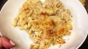 tuna noodle casserole in a white bowl