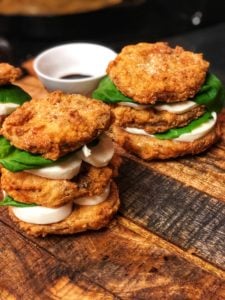 two fried green tomato caprese stacks