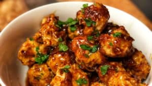a bowl of General Tso Meatballs
