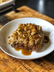A piece of Banana Chocolate Bread Pudding with Caramel Sauce