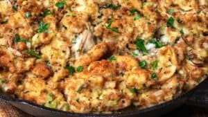oyster dressing baked in a cast iron pan