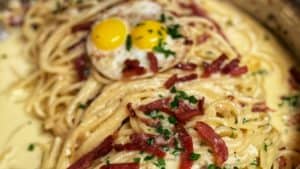 A pan of Pasta Carbonara with Country Ham