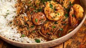 a bowl of gumbo and rice