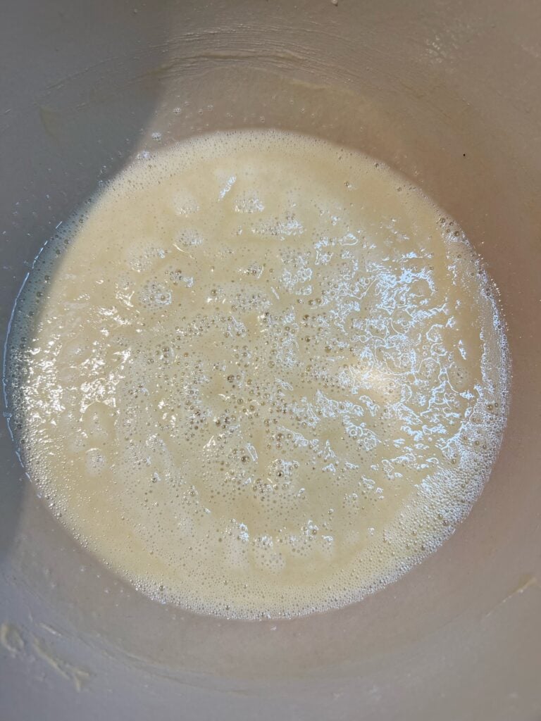 What a roux looks like after ten minutes of cooking. The color is still a creamy pale.