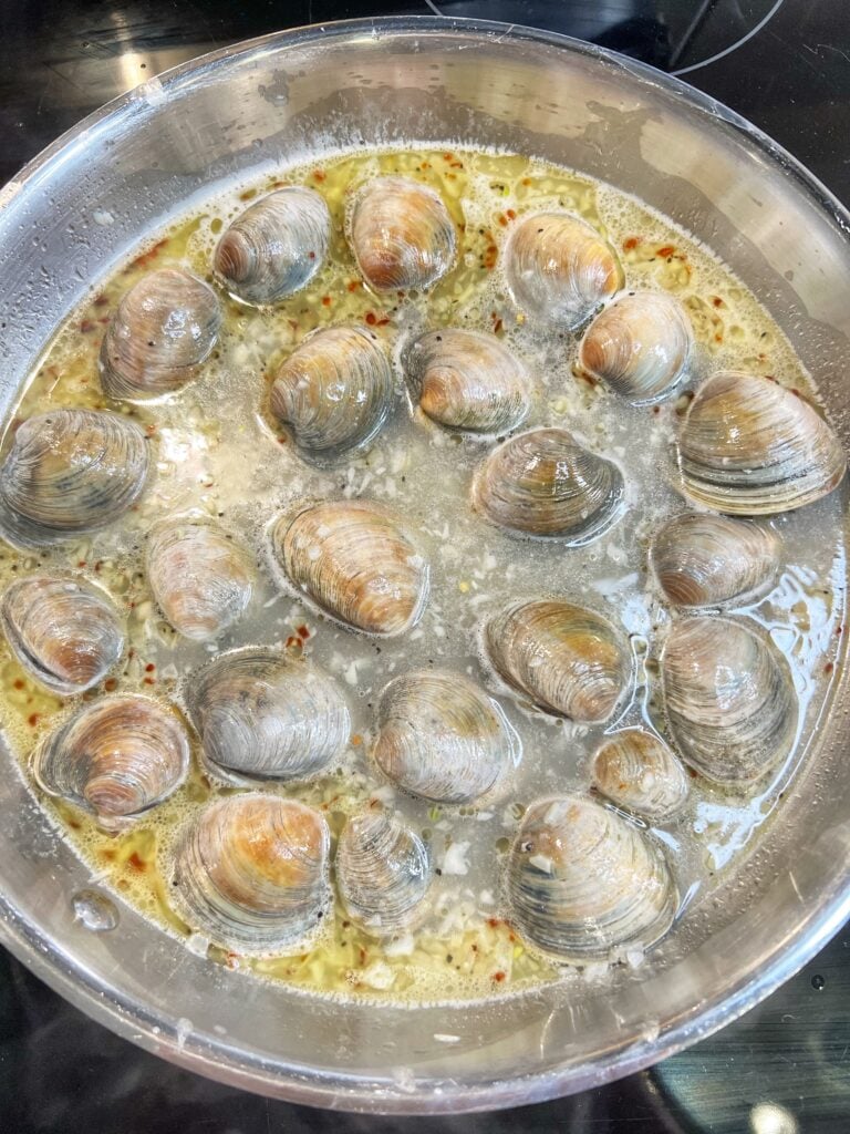 Small clams in a clam broth steaming in a stainless steel pan. None of the clams are open yet.