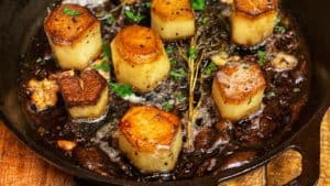 a cast iron skillet of fondant potatoes