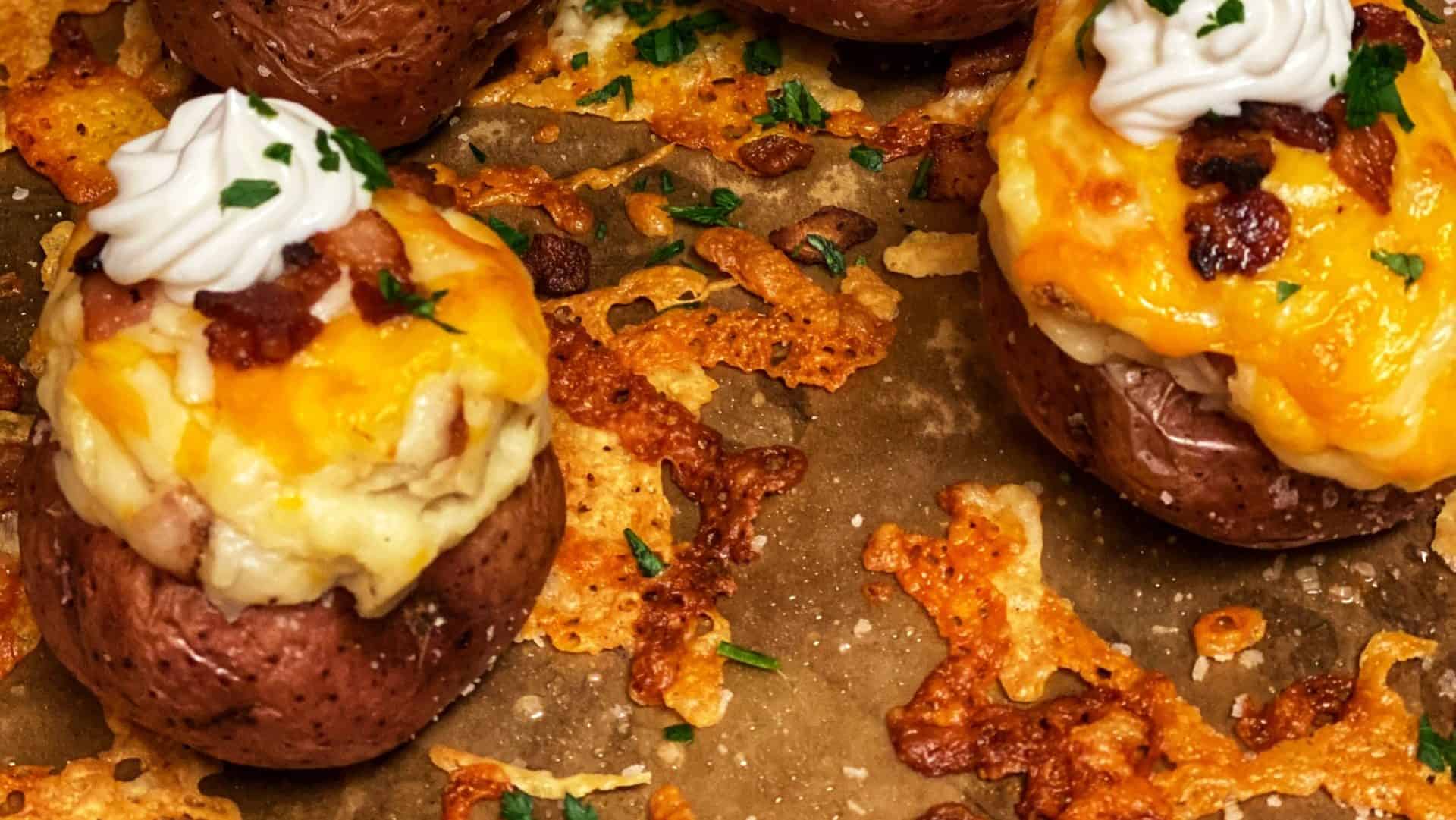 five twice baked red potatoes on a sheet pan