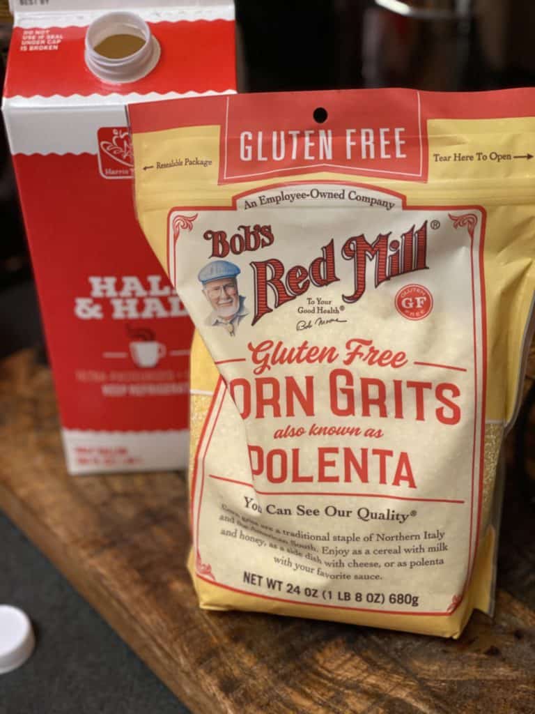 a bag of polenta and a carton of half and half