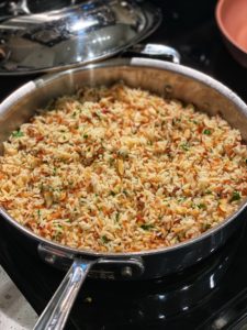 a pan of almond rice pilaf
