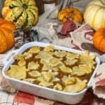creamy pumpkin pie cobbler displayed on autumn towels