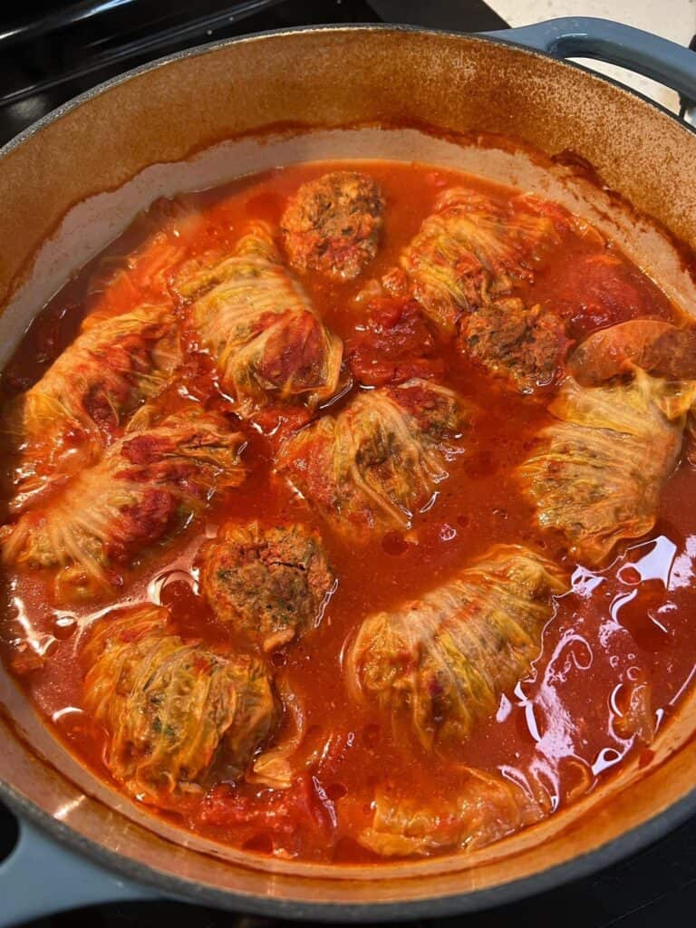 A pot of cooked Ground Lamb Cabbage Rolls