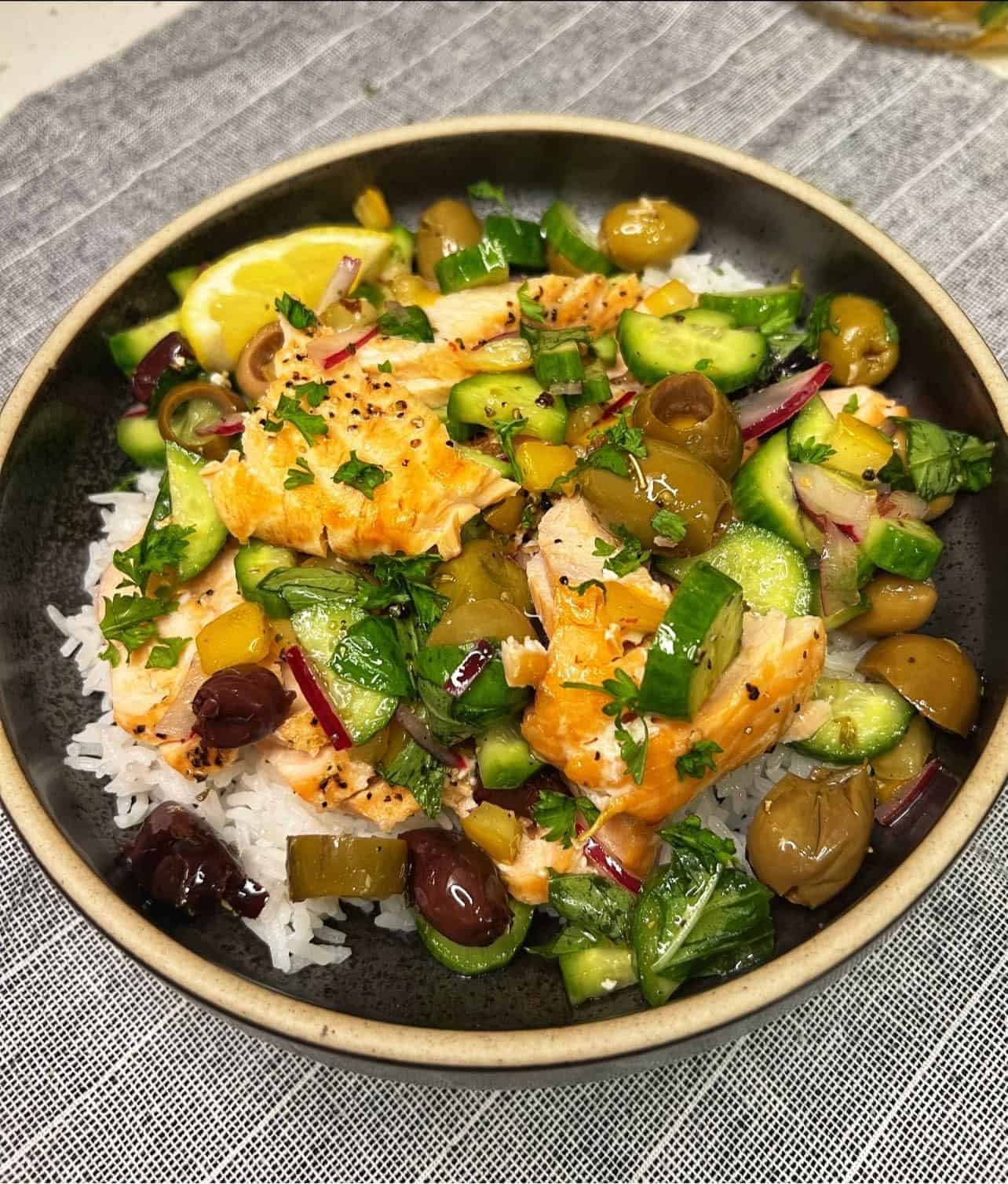 Mediterranean Salmon Rice Bowl Charlotte Fashion Plate