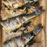 Three Whole Roasted Branzino laying on a parchment lined baking sheet