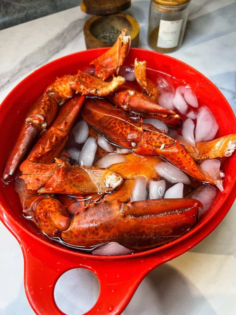 A red, plastic bowl of an ice bath filled with cooked lobster tails and cooked lobster claws.