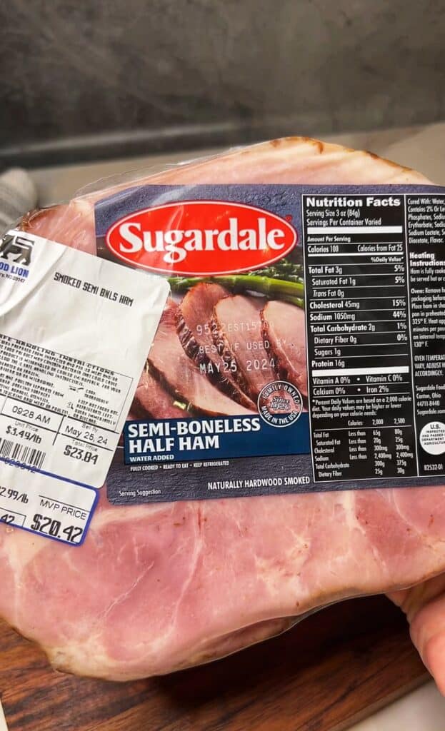 A Sugardale semi-boneless ham in the packaging.