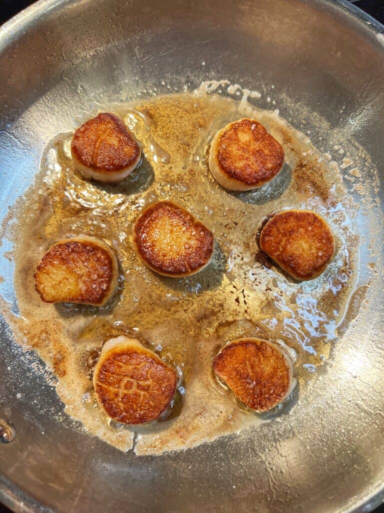 Seven seared scallops in a stainless steel pan.