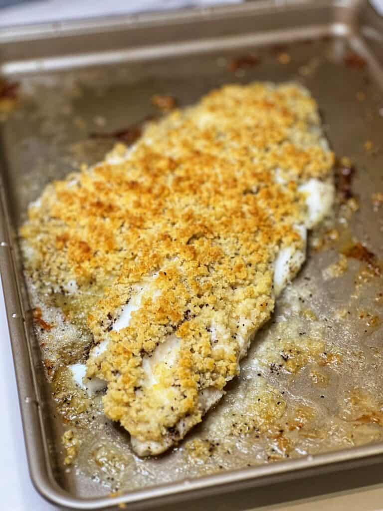A piece of panko crusted haddock that has been baked on a sheet pan. The top is browned.