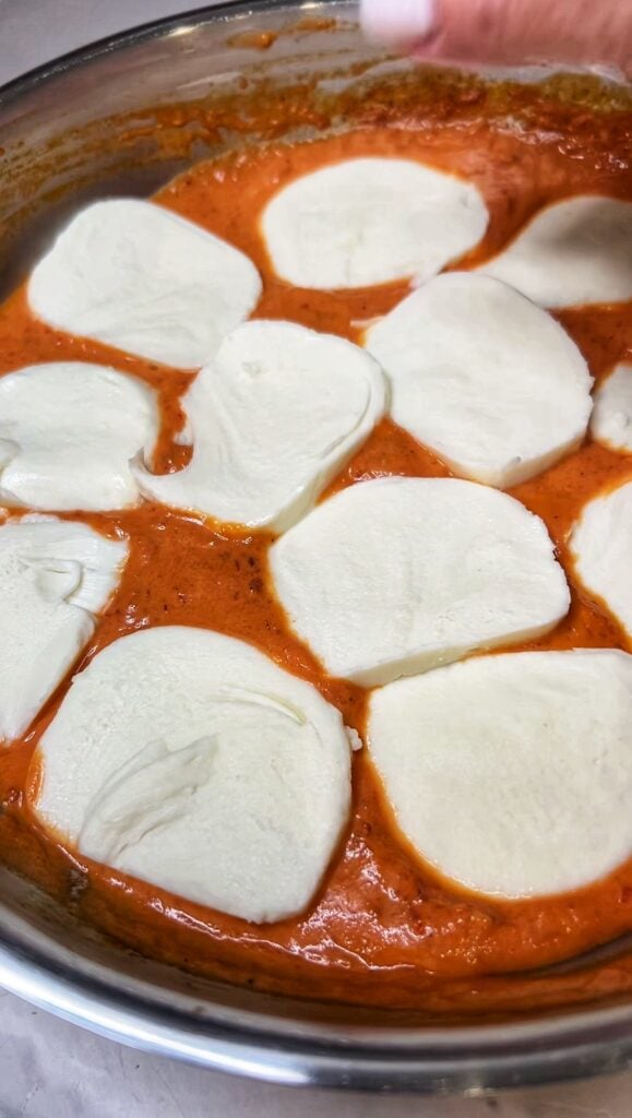Spicy vodka sauce in a stainless steel pan topped with fresh mozzarella slices.