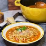 A bowl of chicken and orzo soup. The soup is tomato-based and is garnished with fresh basil and grated Parmesan cheese.