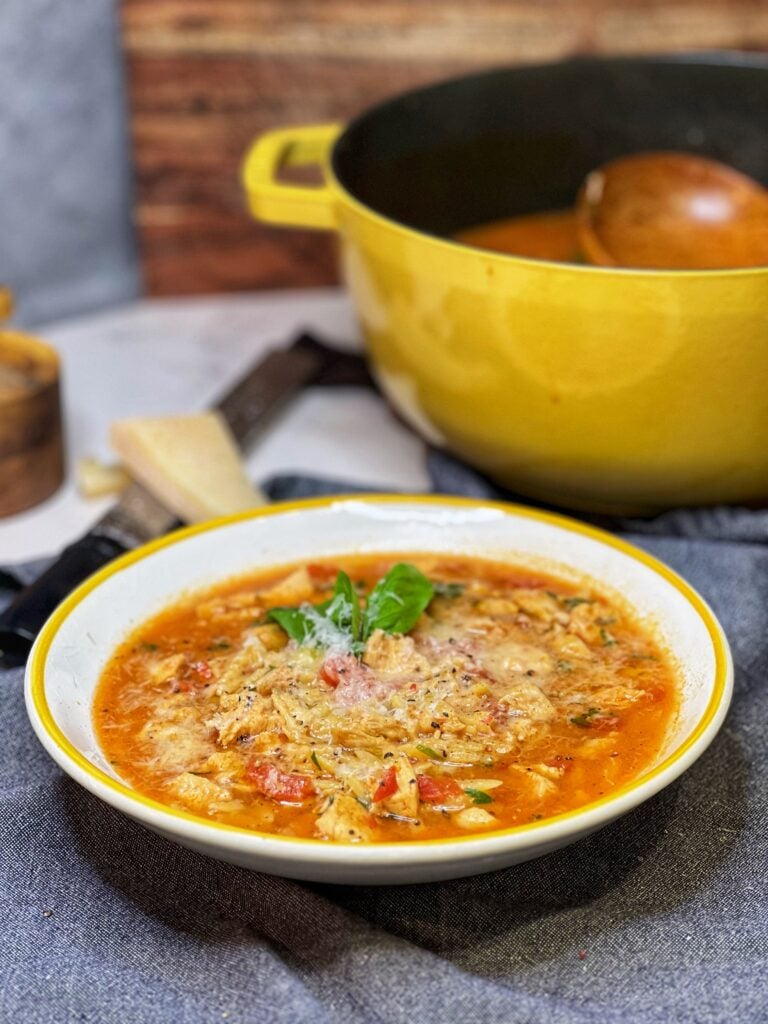 A bowl of chicken and orzo soup. The soup is tomato-based and is garnished with fresh basil and grated Parmesan cheese.