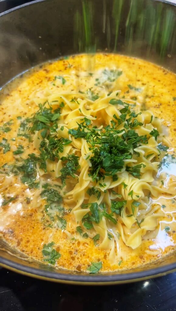 Cooked egg noodles and fresh chopped parsley added to creamy chicken soup.