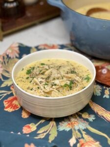 A white bowl filled with homemade chicken and dumplings. The chicken is shredded in a rich, creamy broth with flat dumplings. The dish is garnished with fresh parsley and black peppr.